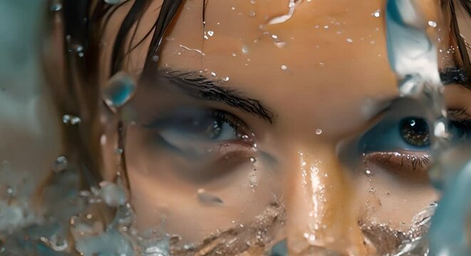 Closeup of womans wet hair rising out of water focused on eyes. Concept Underwater Photography, Eye Contact, Wet Hair, Close-Up Portrait, Dramatic Lighting