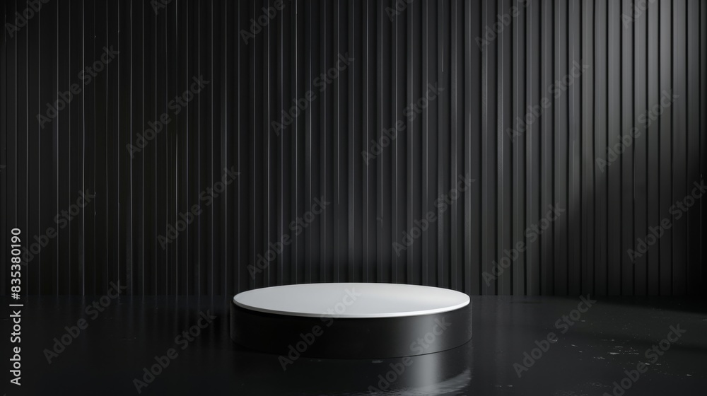 Poster a round, white display platform is centered in a sleek, modern room with dark vertical paneled walls