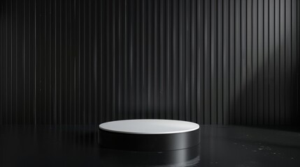 A round, white display platform is centered in a sleek, modern room with dark vertical paneled walls.