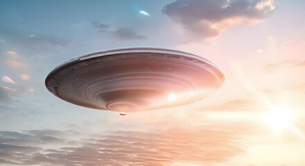 A metal UFO majestically hovers in the sky reflecting sunlight elegantly. Concept Science Fiction, Extraterrestrial Encounters, Alien Technology