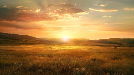 Field with hills and setting sun