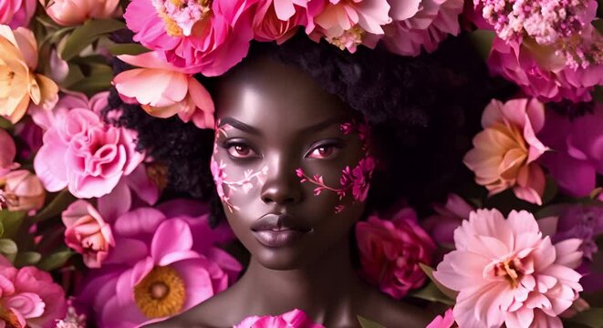A striking black woman with a high-tech floral hairstyle among blooming flowers. Concept Fashion, Beauty, Technology, Nature, Diversity