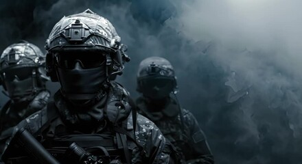 Modern soldiers in full gear facing camera in dark setting. Concept Soldiers, Moden, Full Gear, Dark Setting, Intimidating Poses