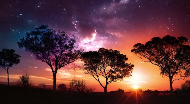 Silhouette of Australian outback with gum trees against colorful sky in Aboriginal Flag colors. Concept Australian Outback, Gum Trees, Colorful Sky, Aboriginal Flag, Silhouette