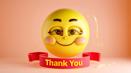 Generate an image of a 3D luxury yellow emoji, with a red ribbon banner below it showing "Thank You" in yellow text against a soft peach background.