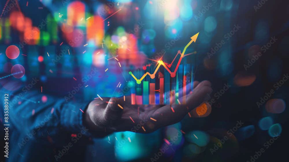 Poster hand presenting a dynamic hologram of ascending stock market charts, representing sophisticated inve