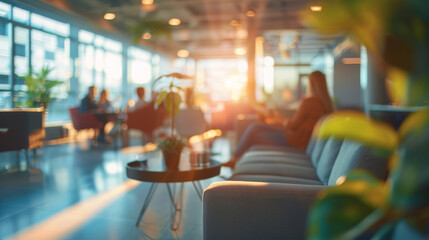 Warm sunset light fills a cozy lounge with comfortable seating and blurred background figures