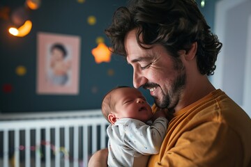 Father and Newborn Baby Son in Nursery