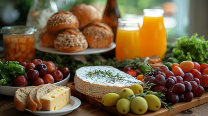Festive brunch table with a variety of breads, cheeses, fruits and fresh juices 