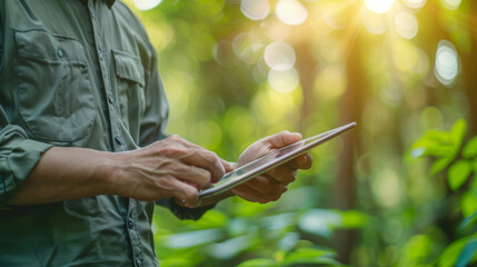 Environmental scientist records data on a digital tablet amid vibrant greenery with sunlight filtering through