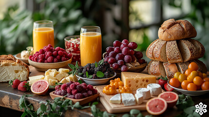 Festive brunch table with a variety of breads, cheeses, fruits and fresh juices 