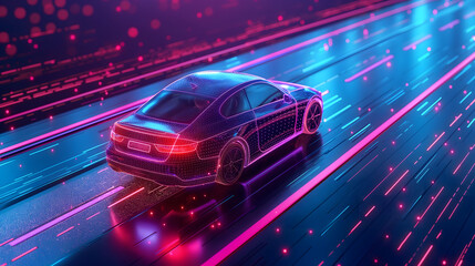 Fototapeta premium Futuristic Neon-Lit Car on a Vibrant Cybernetic Highway