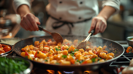 Male chef preparing a delicious meal in a professional kitchen, capturing the action and movement