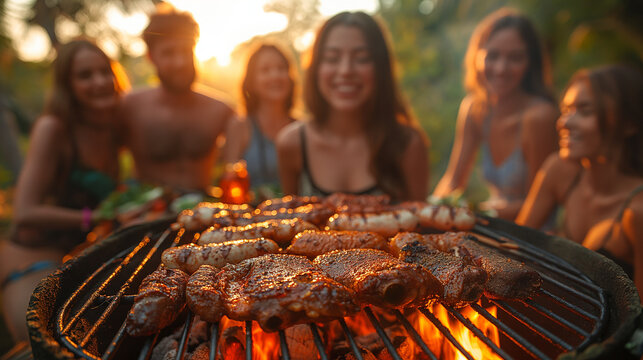 Outdoor barbecue with juicy meat, gastronomic concept