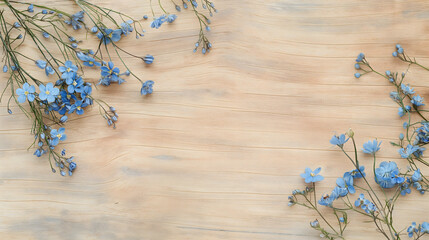 Naklejka premium Blue Flowers on Wooden Texture - Floral Background with Copy Space