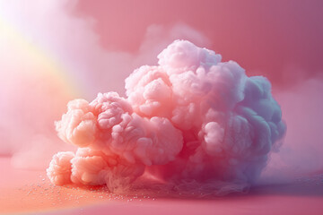Cotton candy shaped like a fluffy cloud, with a rainbow streaming through it,