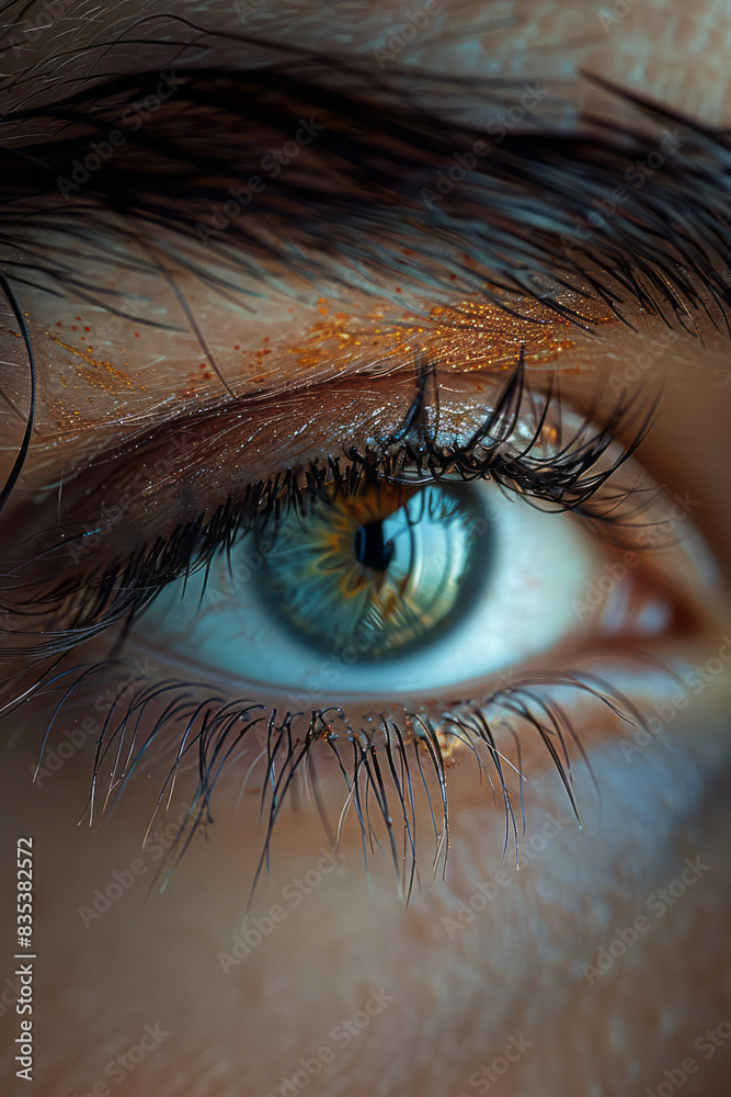 Poster detailed view of an eyebrow spoolie brushing through brow hairs, capturing the grooming process,