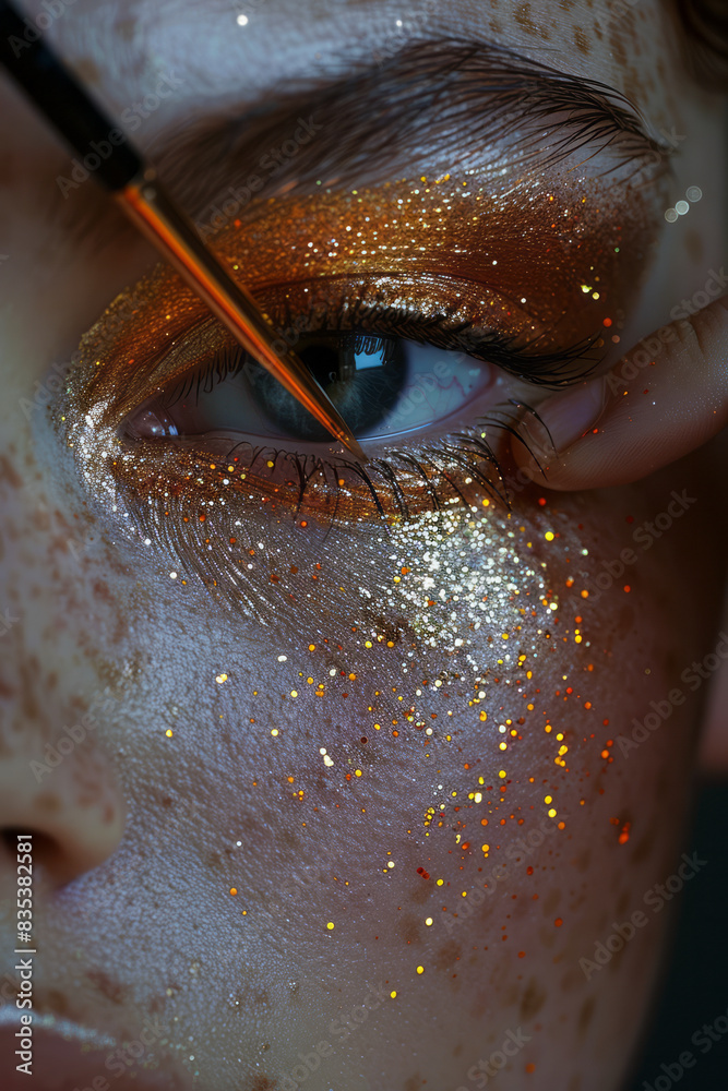 Poster close-up of a highlighter being applied to the inner corner of the eye, with the shimmer reflecting 
