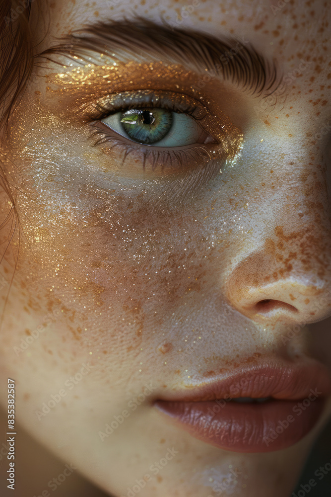 Poster close-up of a highlighter being applied to the inner corner of the eye, with the shimmer reflecting 