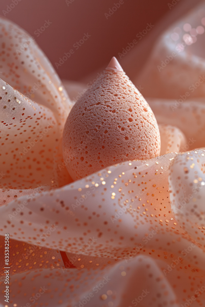 Poster Macro view of a beauty blender applying foundation, capturing the smooth application and even texture,
