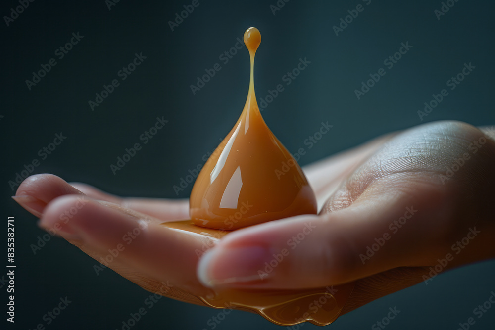 Poster Macro image of a liquid foundation drop on the back of a hand, highlighting the consistency and color,