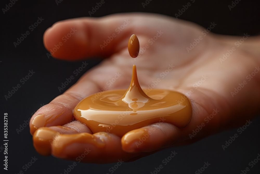 Poster Macro image of a liquid foundation drop on the back of a hand, highlighting the consistency and color,