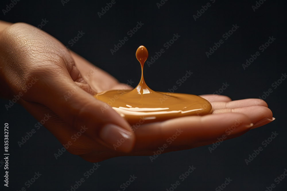 Poster Macro image of a liquid foundation drop on the back of a hand, highlighting the consistency and color,