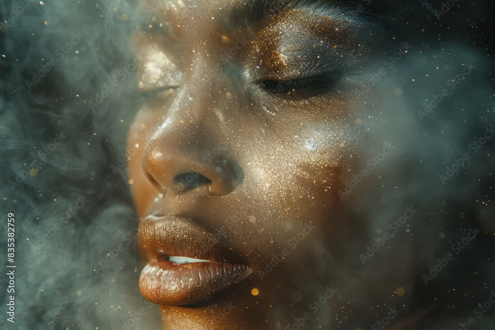 Poster Detailed view of a setting powder being dusted over the face, with the fine particles floating in the air,