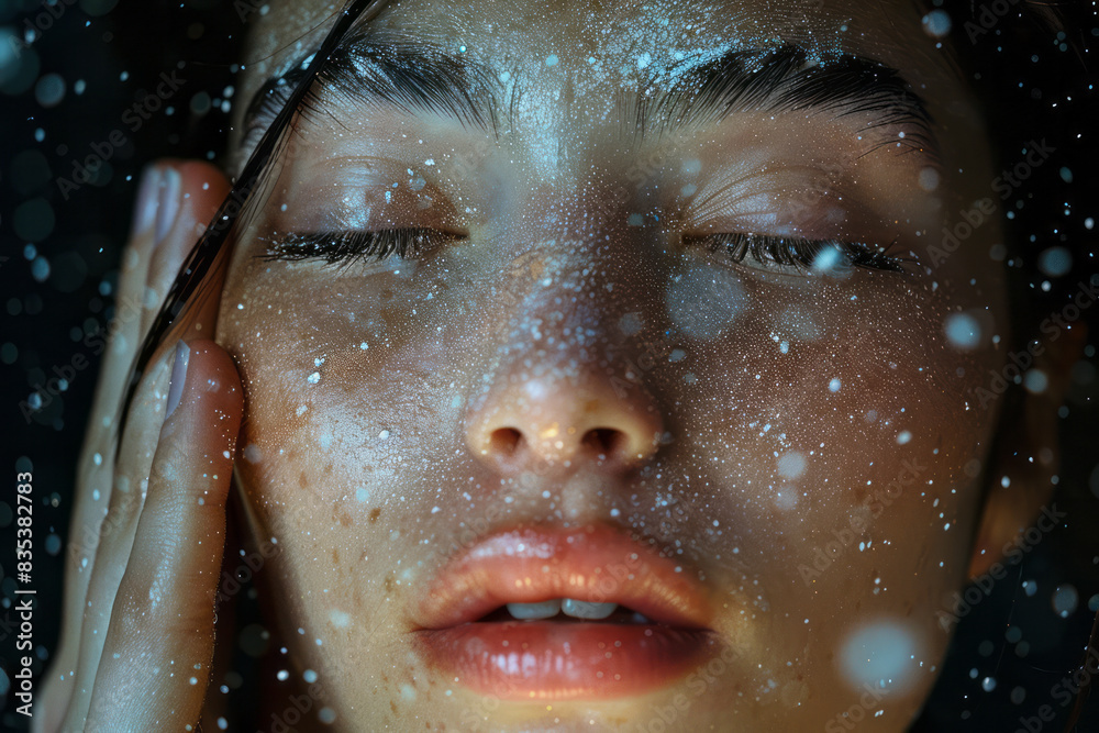 Aufkleber detailed view of a setting powder being dusted over the face, with the fine particles floating in th