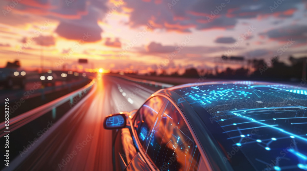 Aufkleber modern car with glowing network lines on body, racing on a highway at sunset in conceptual image