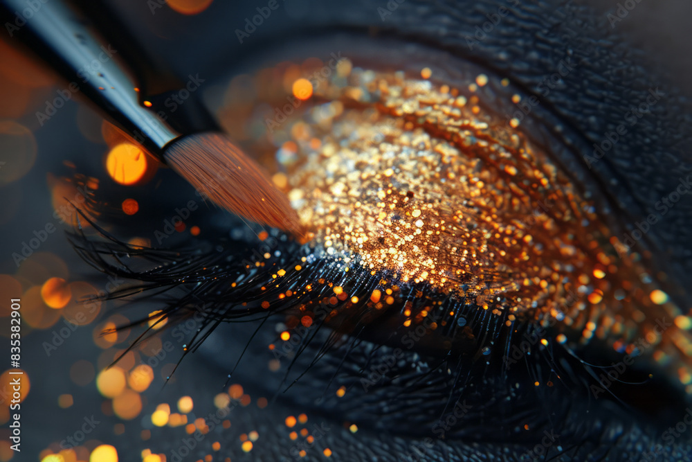 Poster Macro view of a highlighter brush adding shimmer to the cheekbone, with the sparkles catching the light,
