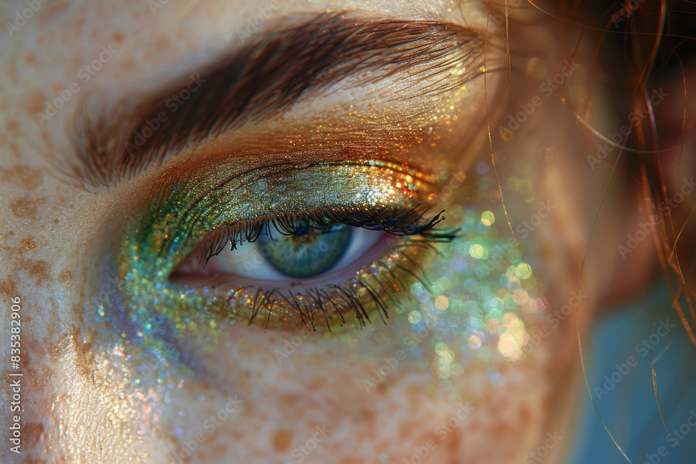 Aufkleber close-up of eyeshadow being blended in the crease of the eyelid, with multiple colors softly transit