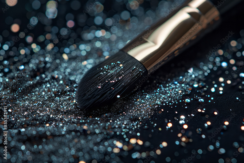 Poster Macro view of a highlighter brush adding shimmer to the cheekbone, with the sparkles catching the light,