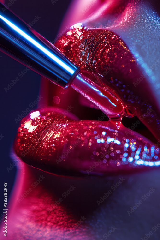 Poster A close-up of lip gloss being applied, with the applicator and the glossy texture on the lips in focus,