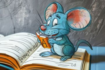Animated blue mouse sitting on an open book and reading a small book with the letter "A" on its cover. The mouse has large ears, a pink nose, and is smiling