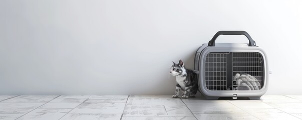 A small kitten and modern pet carrier against a wall, showcasing a potential pet travel scenario