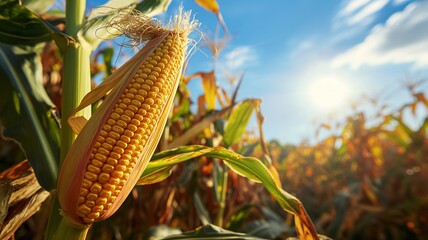 Close-Up of Ripe Corn on the Cob in a Sunlit Field - Perfect for Agriculture, Harvest, and Farming