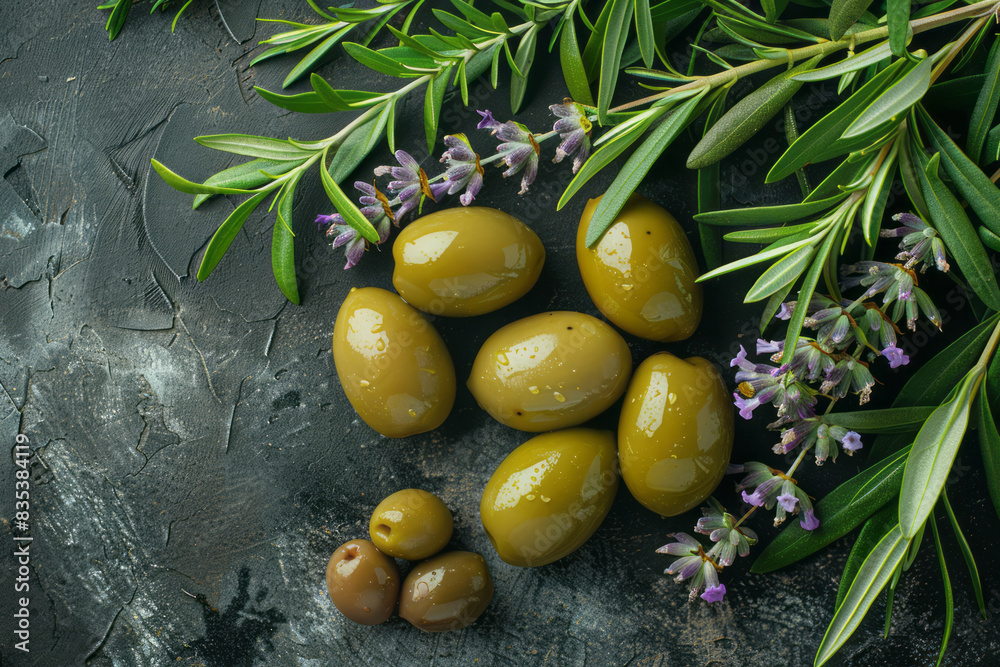 Aufkleber an olive branch arranged with other mediterranean elements like lavender and rosemary, creating a ru
