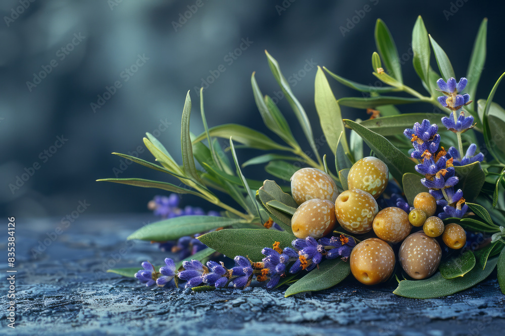 Poster an olive branch arranged with other mediterranean elements like lavender and rosemary, creating a ru
