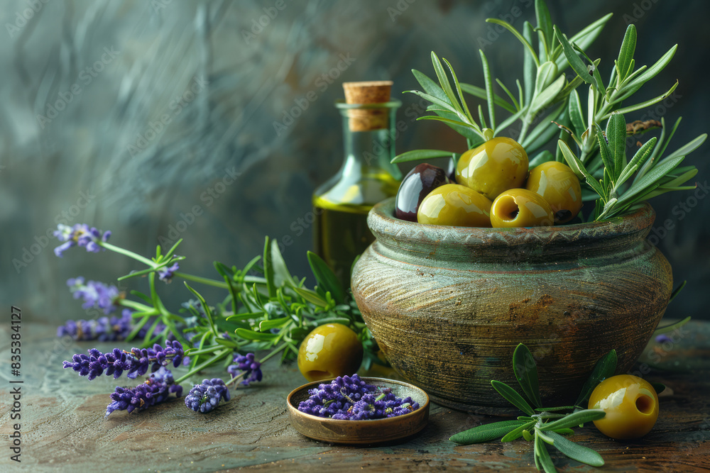 Poster an olive branch arranged with other mediterranean elements like lavender and rosemary, creating a ru