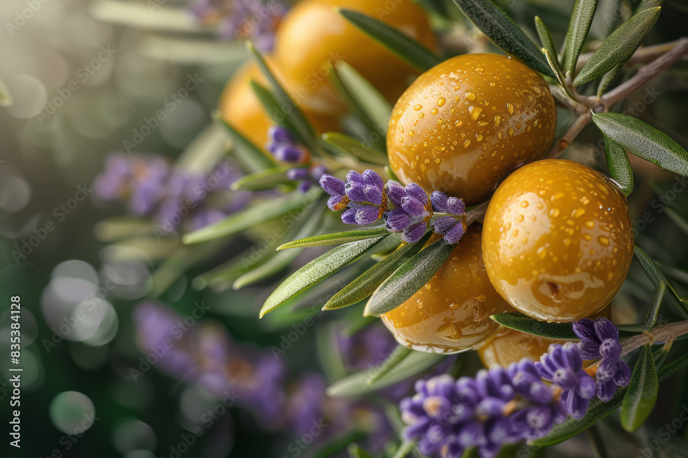 Aufkleber an olive branch arranged with other mediterranean elements like lavender and rosemary, creating a ru