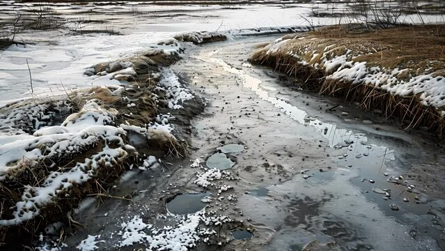 The stark contrast between frozen and thawed ground serves as a reminder of the impact of permafrost melting on vital infrastructure like oil pipelines in the Arctic.