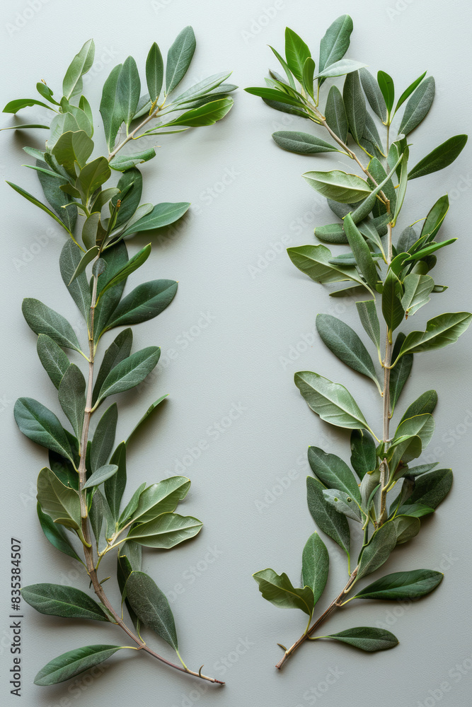 Aufkleber an artistic arrangement of multiple olive branches forming a circular pattern on a plain background,