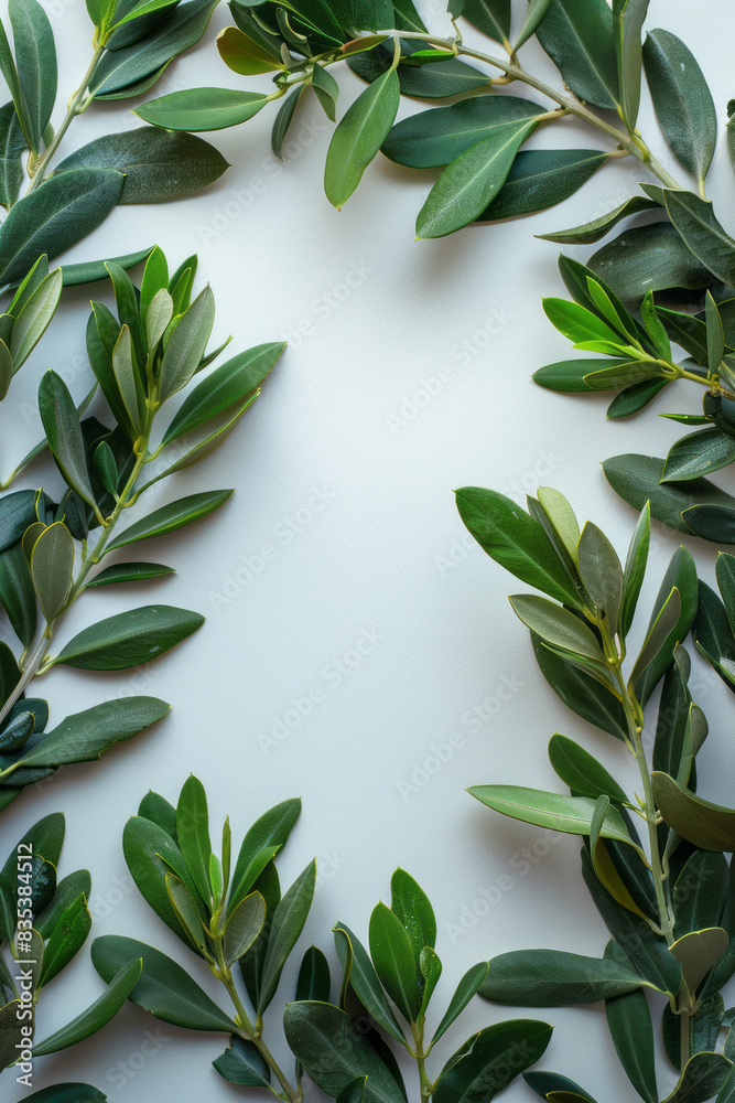 Aufkleber an artistic arrangement of multiple olive branches forming a circular pattern on a plain background,