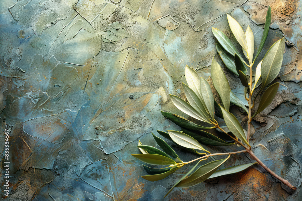 Aufkleber An olive branch placed diagonally across a textured canvas, creating a simple yet striking image,