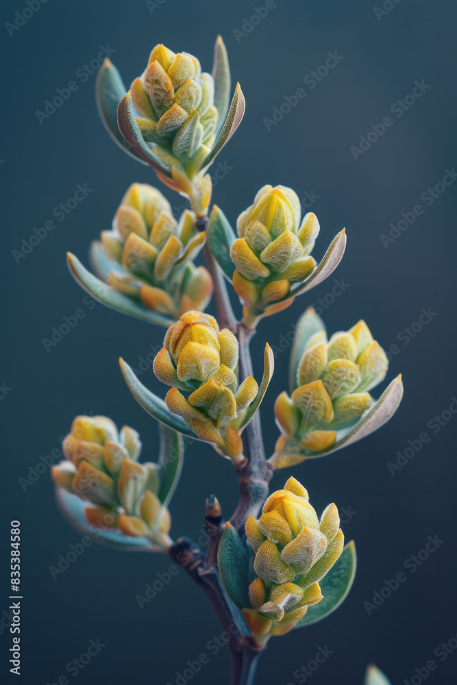 Aufkleber a macro shot of the tiny buds on an olive branch, with a soft-focus background,