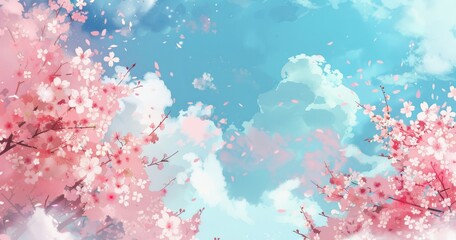Cherry blossoms in the sky, pastel pink and blue background 