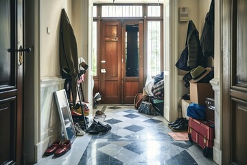 Hallway cluttered with bags, coats, and moving boxes.