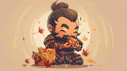 An adorable manga-style illustration featuring a funny chibi samurai delightfully enjoying a whole chicken