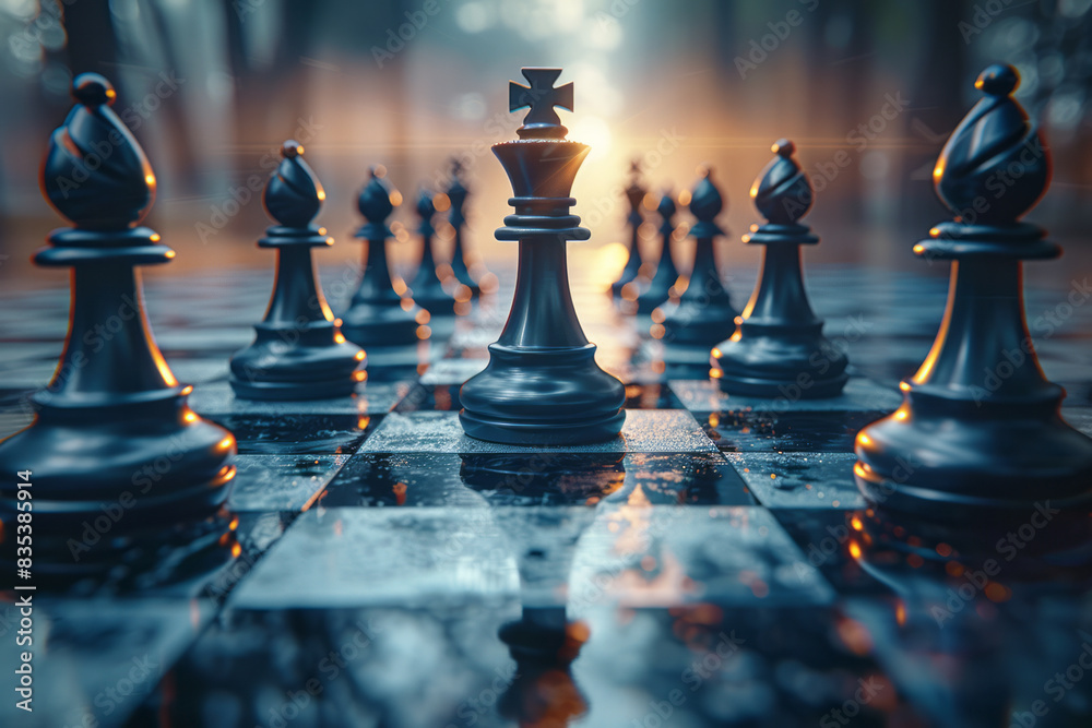 Poster an animation of a chessboard, with pieces moving strategically to represent thoughtful business plan